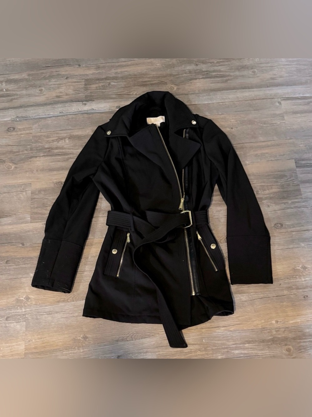 Michael Kors Women's Black Asymmetrical Zip Belted Trench Coat